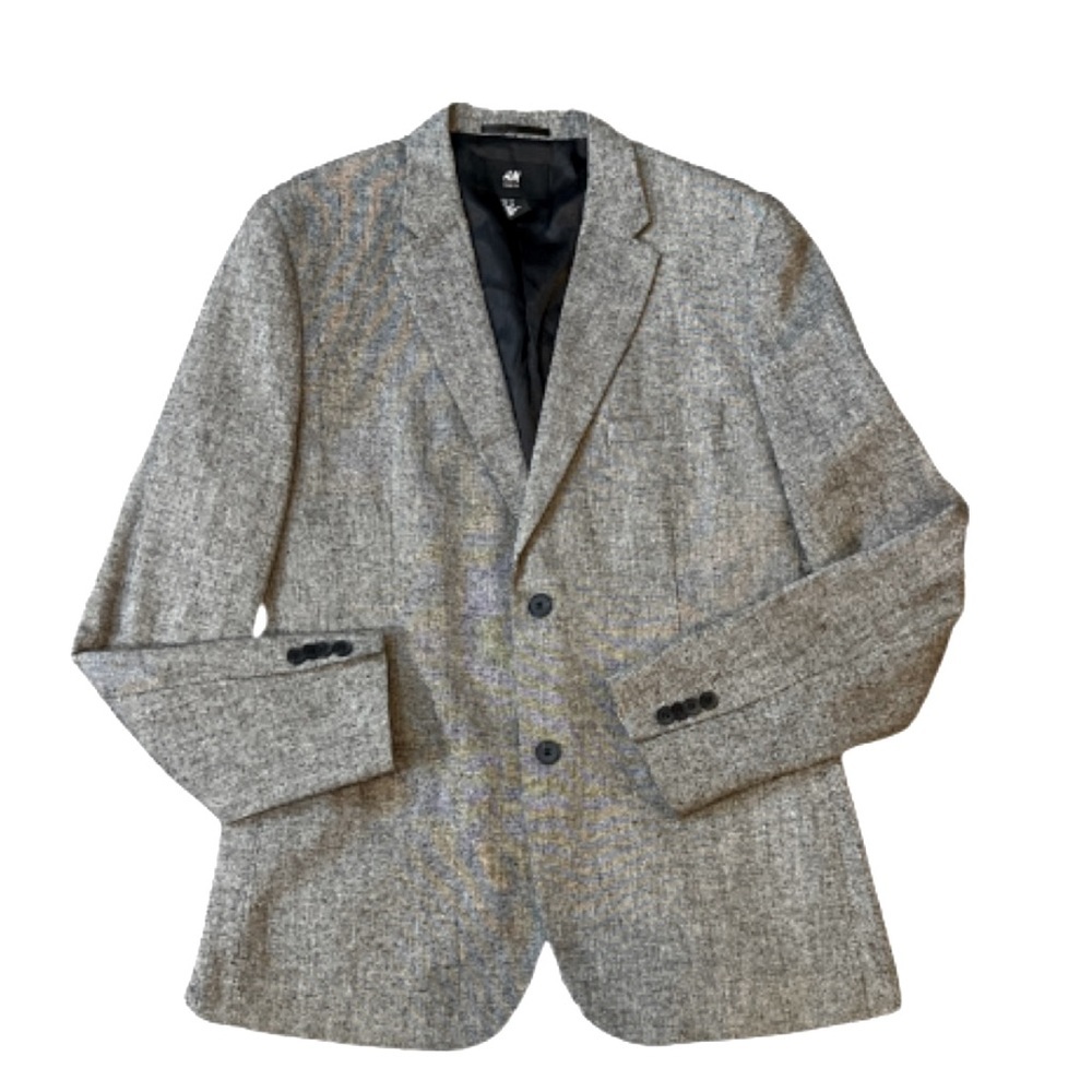 - H&M Skinny Fit Blazer Grsy Black Tweed Wool Blend Size 44 Regular